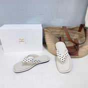 THE ROW 26S THONG SANDALS IN IVORY WHITE CALFSKIN & POLKA DOT CALF HAIR STRAPS