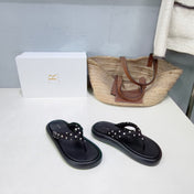 THE ROW 26S PLATFORM THONG SANDALS IN BLACK CALFSKIN & POLKA DOT CALF HAIR STRAPS