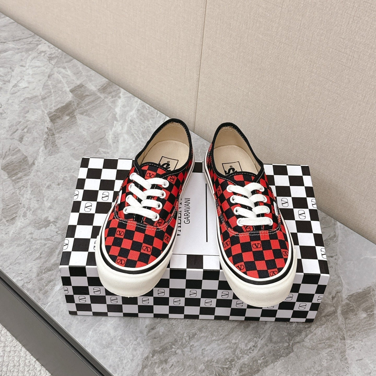 VALENTINO 25S GARAVANI X VANS SNEAKERS IN RED MIX BLACK CANVAS