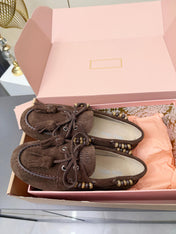 MIUMIU 26S TASSEL LOAFERS IN DARK BROWN SUEDE BEADED TRIM