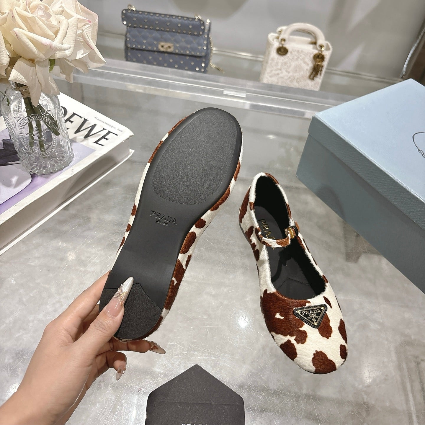 PRADA 25S MARY JANE BALLETS IN BROWN MIX CREAM WHITE HORSEHAIR FABRIC