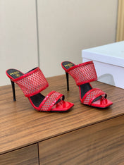 BALMAIN 26S HEEL SANDALS 95 MM IN RED MESH FABRIC WITH CRYSTAL EMBELLISHMENT