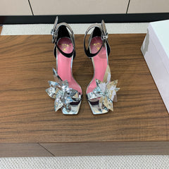 BALMAIN 25S RUBY SILVER HEELED SANDALS 95MM IN PATENT CALFSKIN