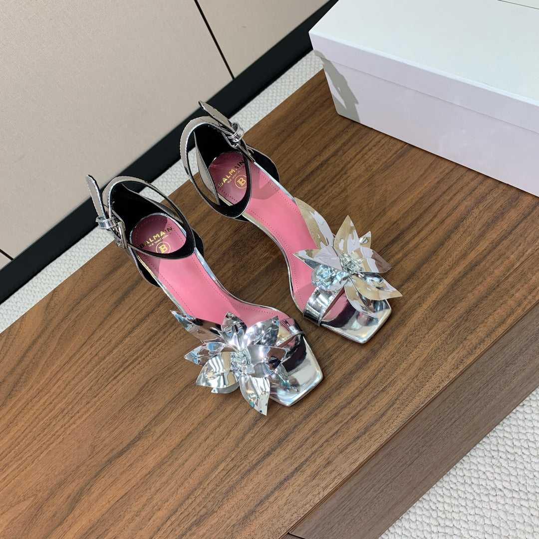 BALMAIN 25S RUBY SILVER HEELED SANDALS 95MM IN PATENT CALFSKIN