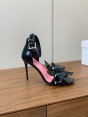 BALMAIN 25S RUBY BLACK HEELED SANDALS 95MM IN PATENT CALFSKIN