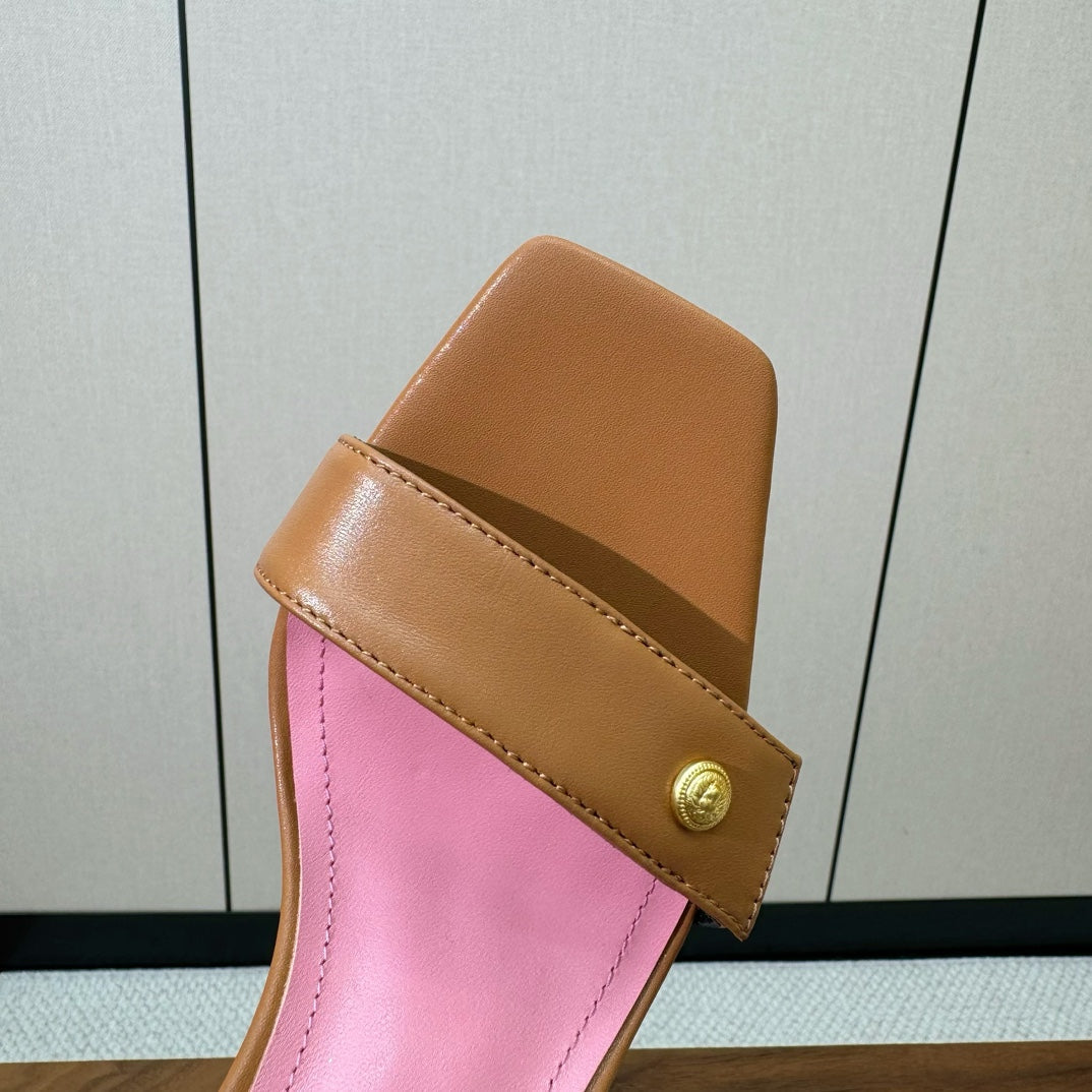 BALMAIN 25S HEELED EVA SANDALS 95MM IN BROWN AND PINK CALFSKIN