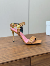 BALMAIN 25S HEELED EVA SANDALS 95MM IN BROWN AND PINK CALFSKIN