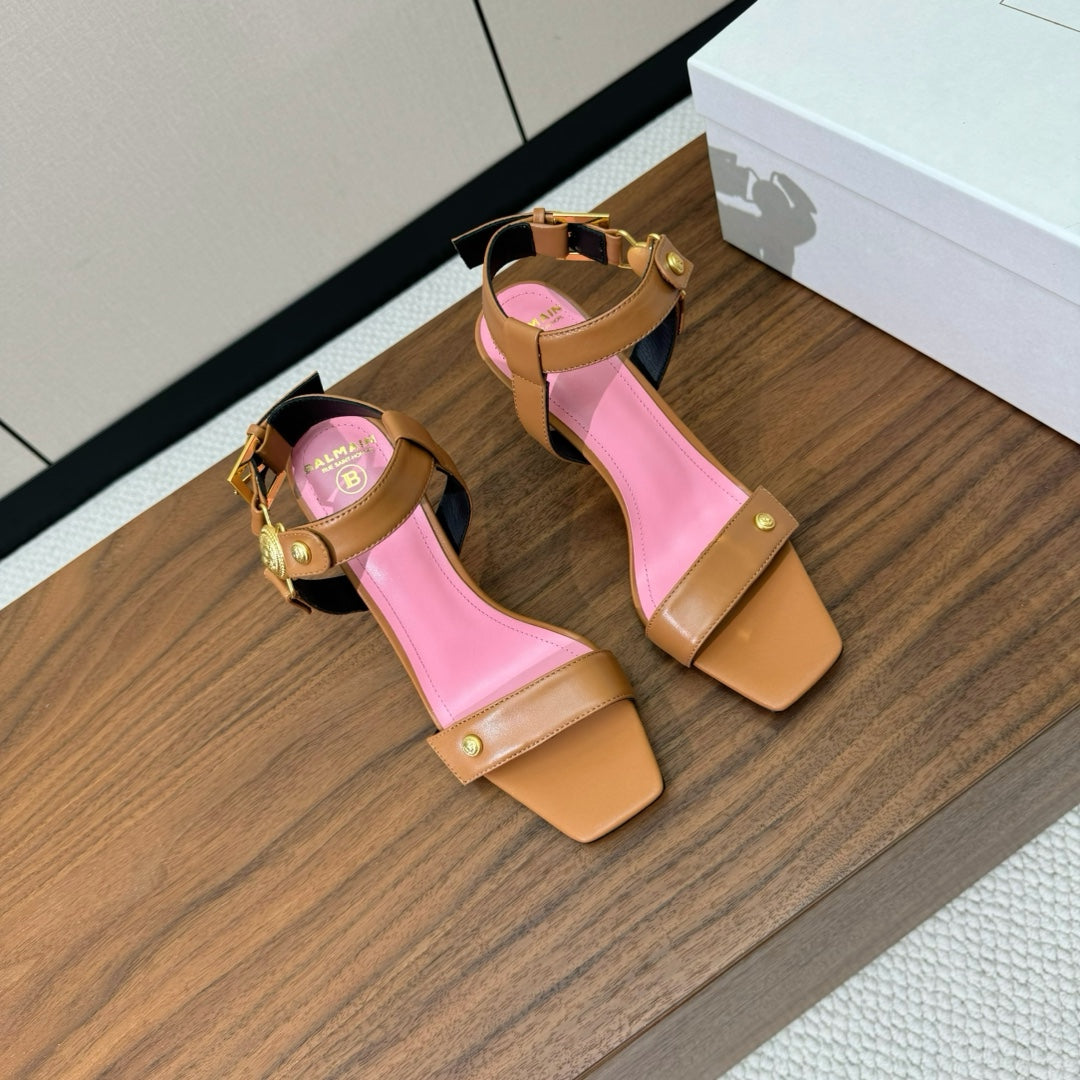 BALMAIN 25S HEELED EVA SANDALS 95MM IN BROWN AND PINK CALFSKIN