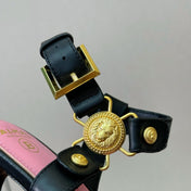 BALMAIN 25S HEELED EVA SANDALS 95MM IN BLACK AND PINK CALFSKIN