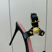BALMAIN 25S HEELED EVA SANDALS 95MM IN BLACK AND PINK CALFSKIN