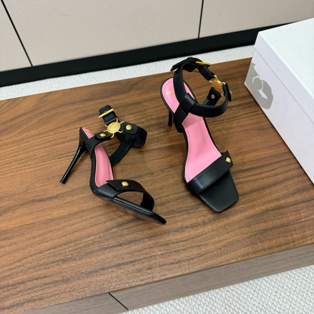 BALMAIN 25S HEELED EVA SANDALS 95MM IN BLACK AND PINK CALFSKIN