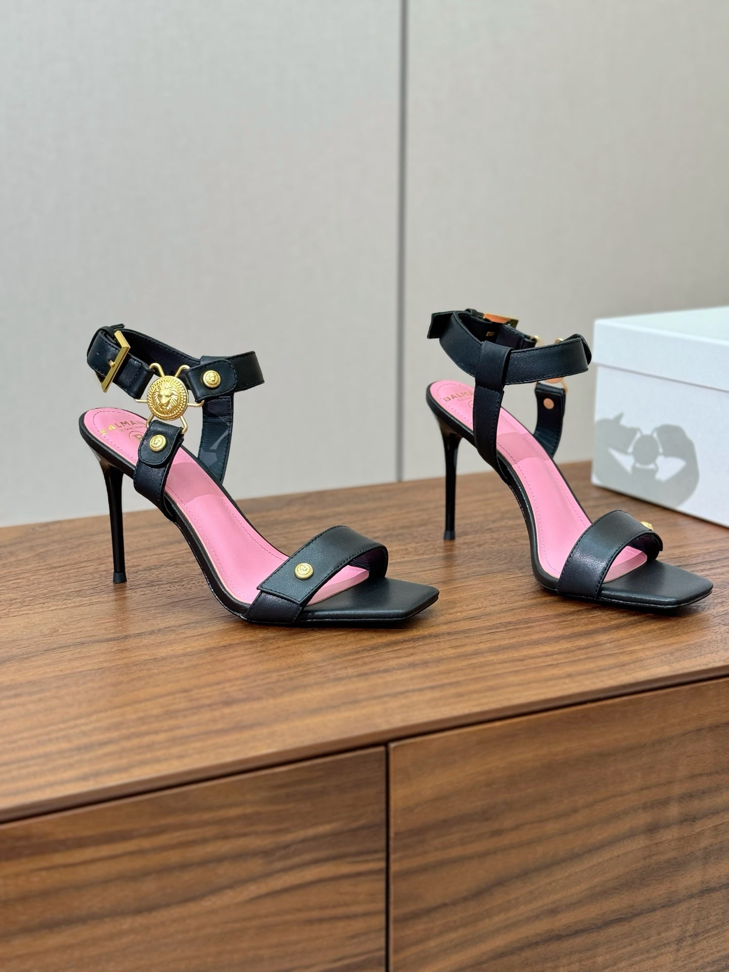 BALMAIN 25S HEELED EVA SANDALS 95MM IN BLACK AND PINK CALFSKIN