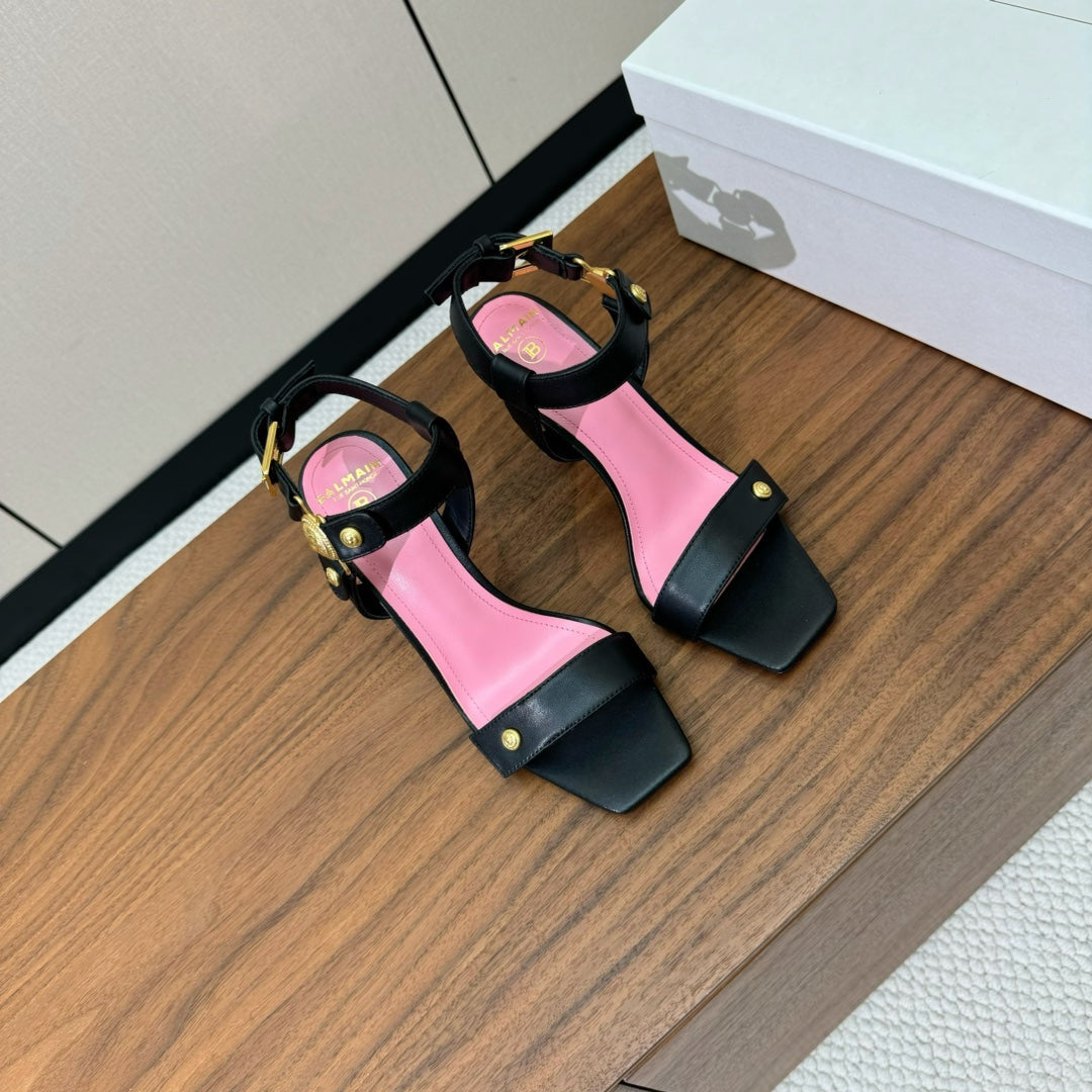 BALMAIN 25S HEELED EVA SANDALS 95MM IN BLACK AND PINK CALFSKIN
