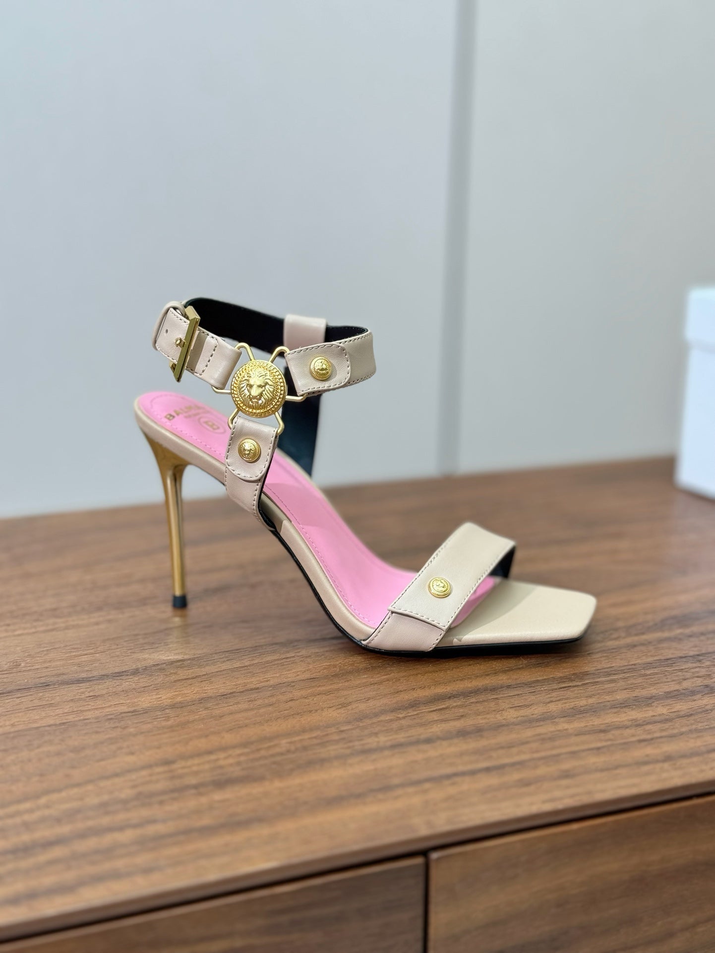 BALMAIN 25S HEELED EVA SANDALS 95MM IN BEIGE AND PINK CALFSKIN