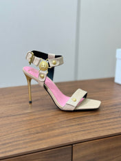 BALMAIN 25S HEELED EVA SANDALS 95MM IN BEIGE AND PINK CALFSKIN