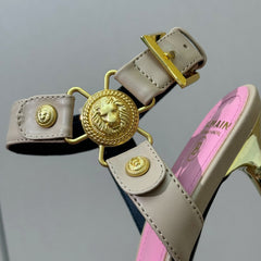 BALMAIN 25S HEELED EVA SANDALS 95MM IN BEIGE AND PINK CALFSKIN