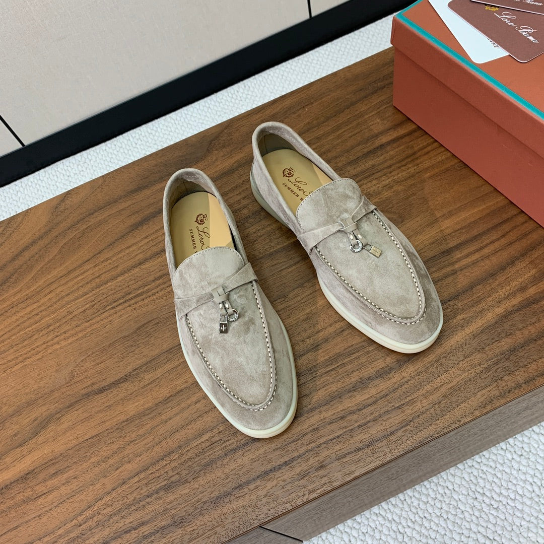 LP LOAFERS 25S IN STONE GRAY CASHMERE WITH SILVER HARDWARE