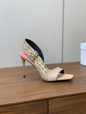 BALMAIN 25S JACQUARD KNIT SLINGBACK PUMPS 95MM IN BEIGE GRAY AND PINK CALFSKIN