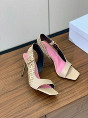 BALMAIN 25S JACQUARD KNIT SLINGBACK PUMPS 95MM IN BEIGE GRAY AND PINK CALFSKIN