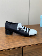 LACE-UP HIGH SHOES IN BLACK SILK MIX WHITE GLOSSY CALFSKIN