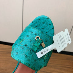 FLAT SLIPPERS IN TEAL GREEN LAMBSKIN OSTRICH SKIN