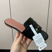 FLAT SLIPPERS IN BLACK LAMBSKIN OSTRICH SKIN