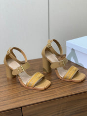 THREE-STRAP HIGH-HEELED EMBROIDERED SANDALS CAMEL BROWN