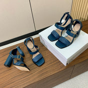 THREE-STRAP HIGH-HEELED EMBROIDERED SANDALS NAVY BLUE