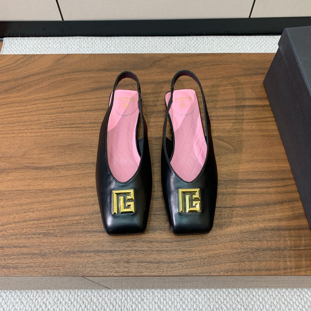 BALMAIN 25S FLAT EDEN SLINGBACKS IN BLACK CALFSKIN