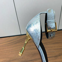 BALMAIN 25S SQUARE STRAP HIGH HEELS 100MM IN SILVER CALFSKIN