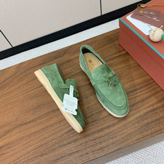 LP LOAFERS 25S IN LIGHT GREEN CASHMERE WITH SILVER HARDWARE