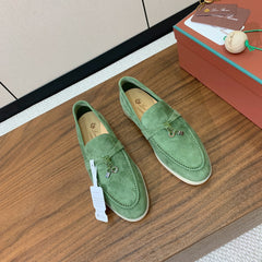 LP LOAFERS 25S IN LIGHT GREEN CASHMERE WITH SILVER HARDWARE