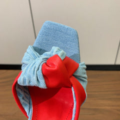 BALMAIN 25S HIGH HEEL MULES 95MM IN BRIGHT RED DENIM AND CALFSKIN