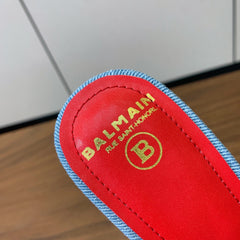 BALMAIN 25S HIGH HEEL MULES 95MM IN BRIGHT RED DENIM AND CALFSKIN