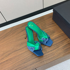 BALMAIN 25S HIGH HEEL MULES 95MM IN EMERALD GREEN DENIM AND CALFSKIN