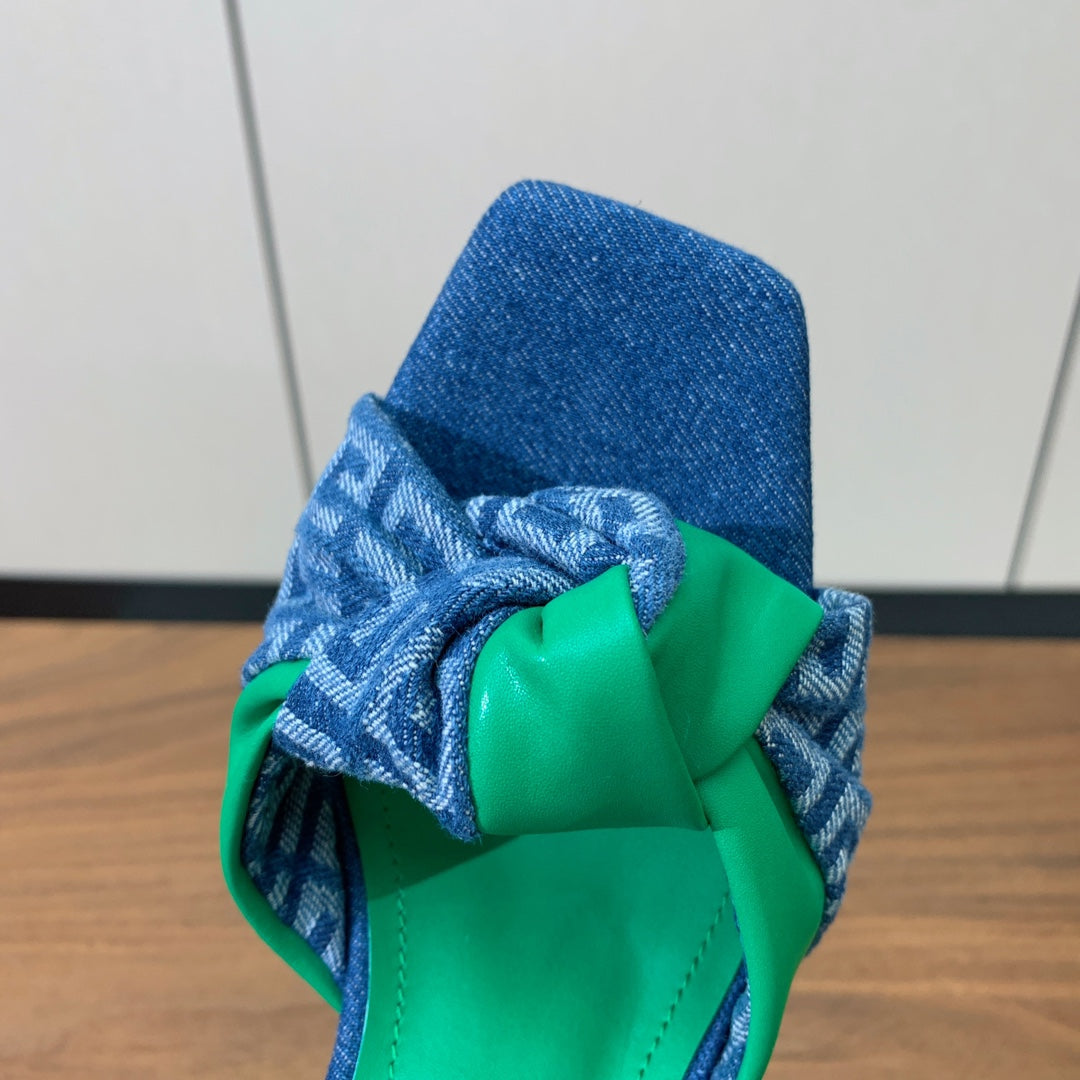 BALMAIN 25S HIGH HEEL MULES 95MM IN EMERALD GREEN DENIM AND CALFSKIN