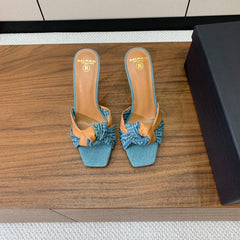 BALMAIN 25S HIGH HEEL MULES 95MM IN WARM CARAMEL DENIM AND CALFSKIN