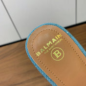 BALMAIN 25S HIGH HEEL MULES 95MM IN WARM CARAMEL DENIM AND CALFSKIN