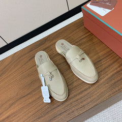 LP FLAT MULES 25S IN MOSS GRAY LAMBSKIN WITH SILVER HARDWARE