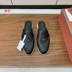 LP FLAT MULES 25S IN BLACK LAMBSKIN WITH SILVER HARDWARE