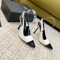 SL CAP-TOE SLINGBACKS WHITE CANVAS AND BLACK CALFSKIN