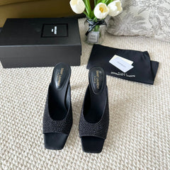 SL SEPT MULES BLACK SATIN AND RHINESTONES