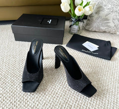 SL SEPT MULES BLACK SATIN AND RHINESTONES
