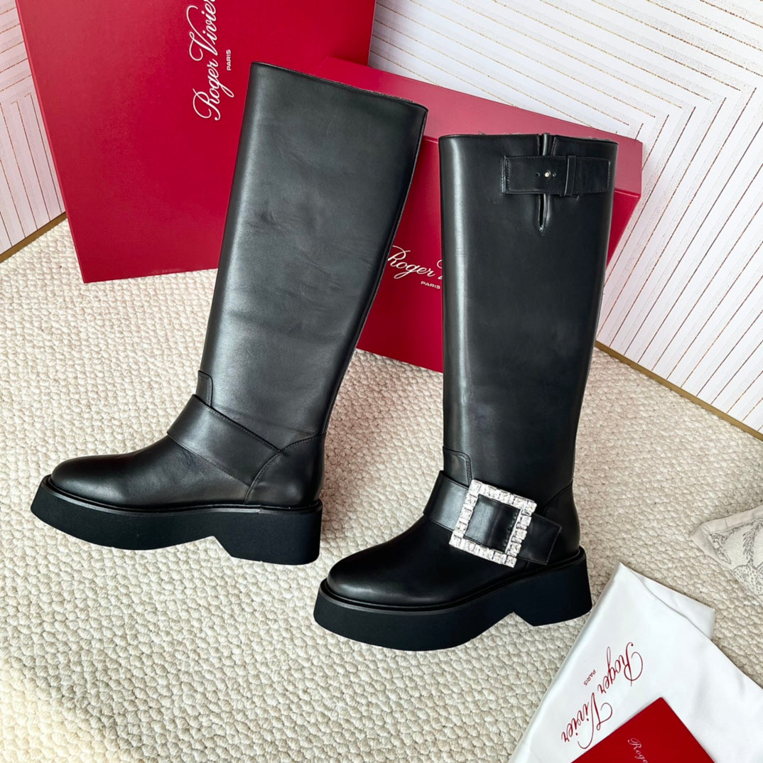 VIV' RANGERS HIGH BIKER IN BLACK CALFSKIN CRYSTAL BUCKLE