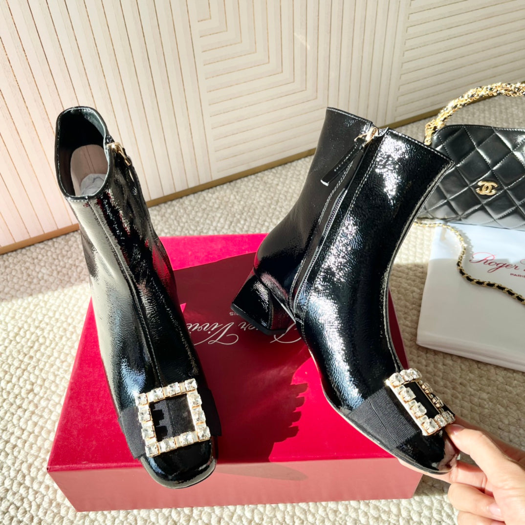 BELLE VIVIER ANKLE BOOTS IN BLACK GLOSSY CALFSKIN RHINESTONE BUCKLE