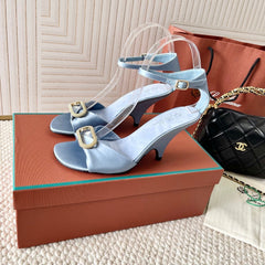 HIGH HEELS SANDALS 80 MM IN PASTEL BLUE SATIN MIX SUEDUE