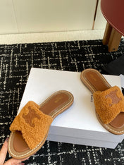 CELINE 26S TRIOMPHE FLAT SLIDES IN BROWN WOOL