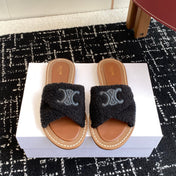 CELINE 26S TRIOMPHE FLAT SLIDES IN BLACK WOOL