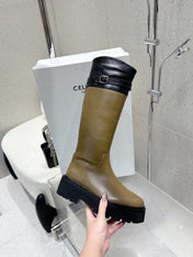CELINE 26S KNEE-HIGH BOOTS IN OLIVE BROWN AND BLACK CALFSKIN