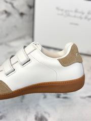 RETRO SNEAKERS WITH RIPTAPE STRAPS IN WHITE LAMBSKIN MIX PEANUT SUEDE